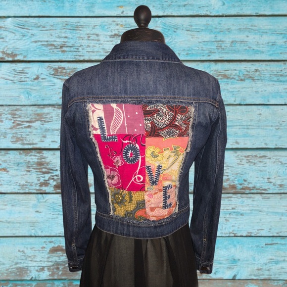Upcycled Hippie Boho Patchwork Dark Denim Jacket - Picture 3 of 15